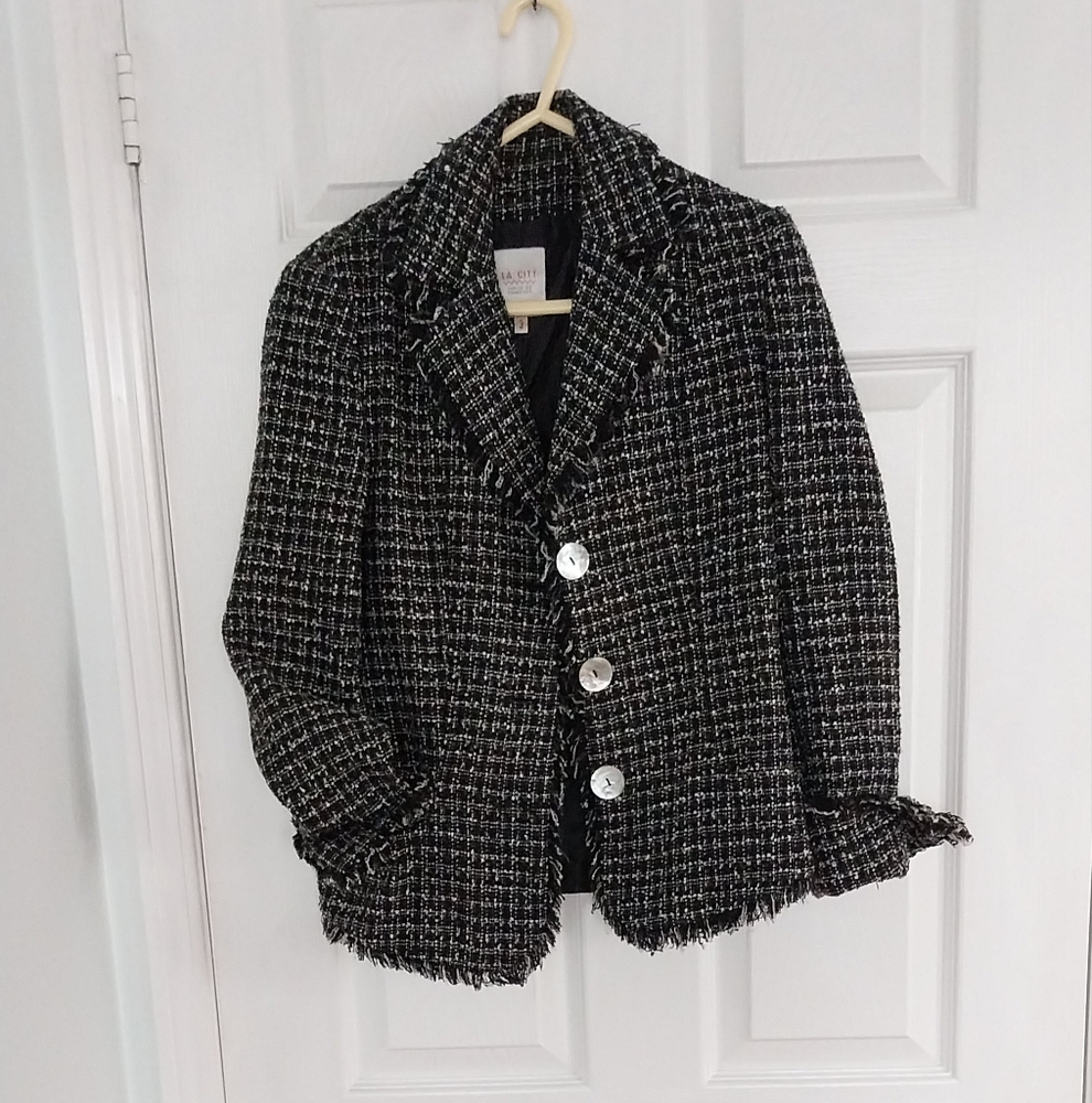 Black and White Tweed Blazer with Shell Buttons